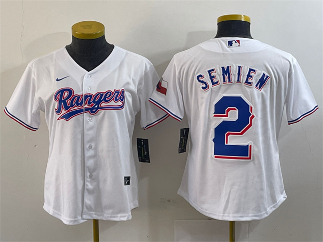 Women's Texas Rangers #2 Marcus Semien White With Patch Stitched Baseball Jersey(Run Small)